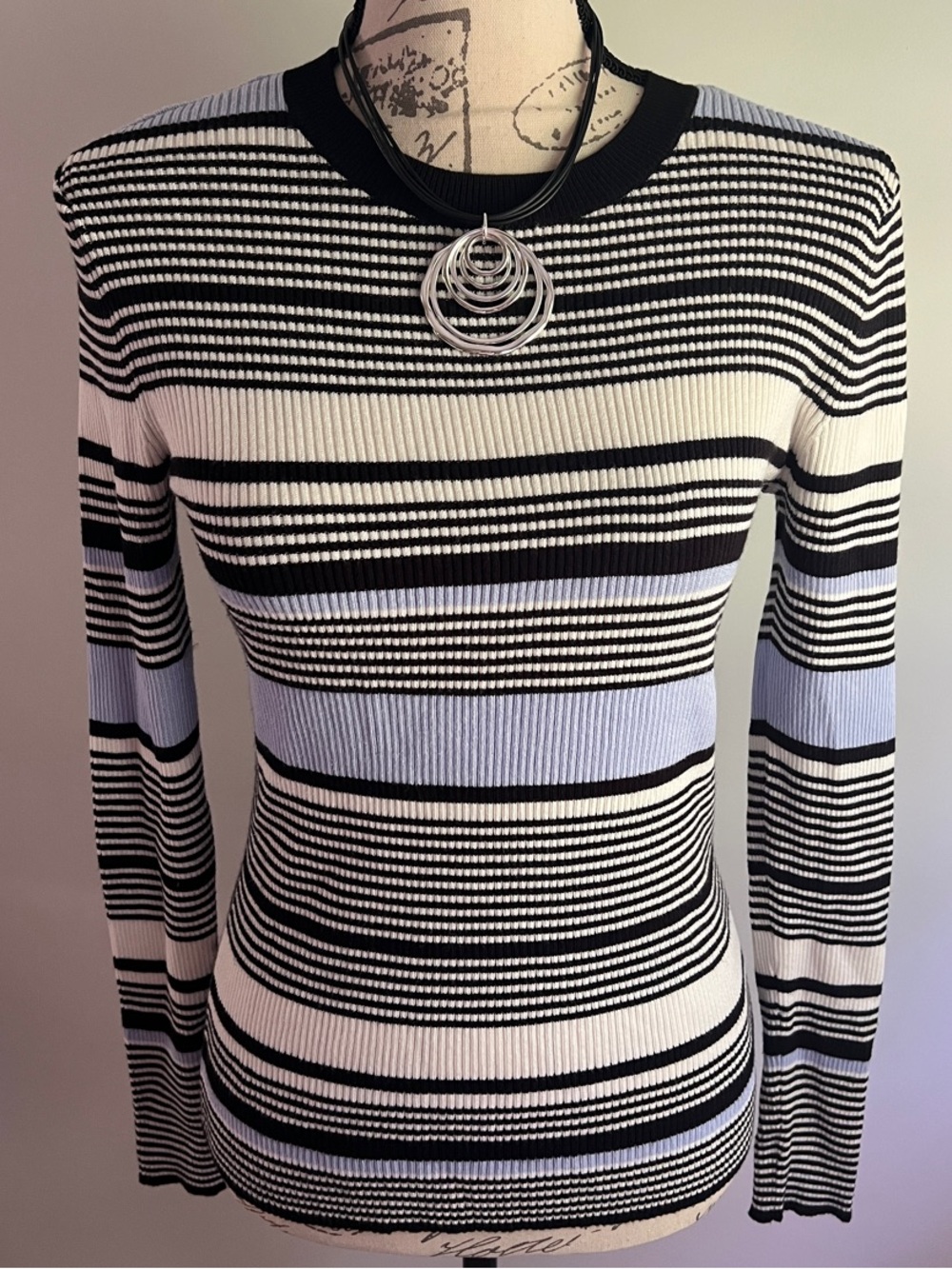 Nine West Ribbed Striped Long-Sleeve Top in Black, Cream & Light Blue